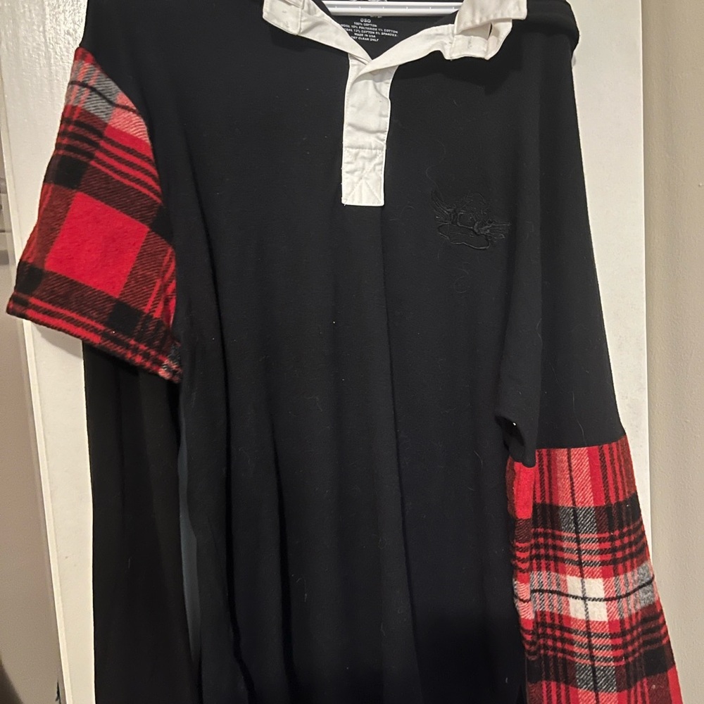 Boys lie Black Rugby Shirt with Red Plaid Sleeves